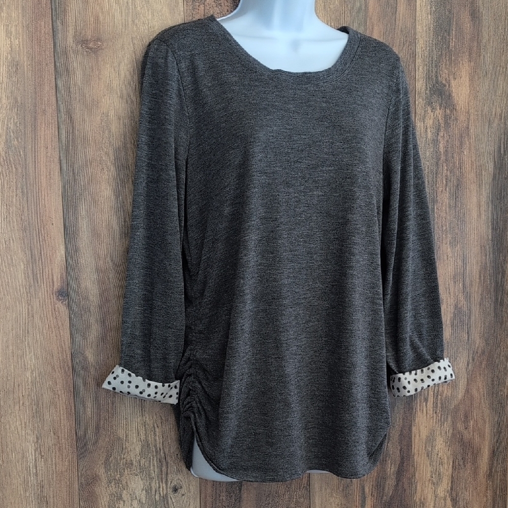 Elle Charcoal Gray Long Sleeve Top with Polka Dot Cuffs L             D302